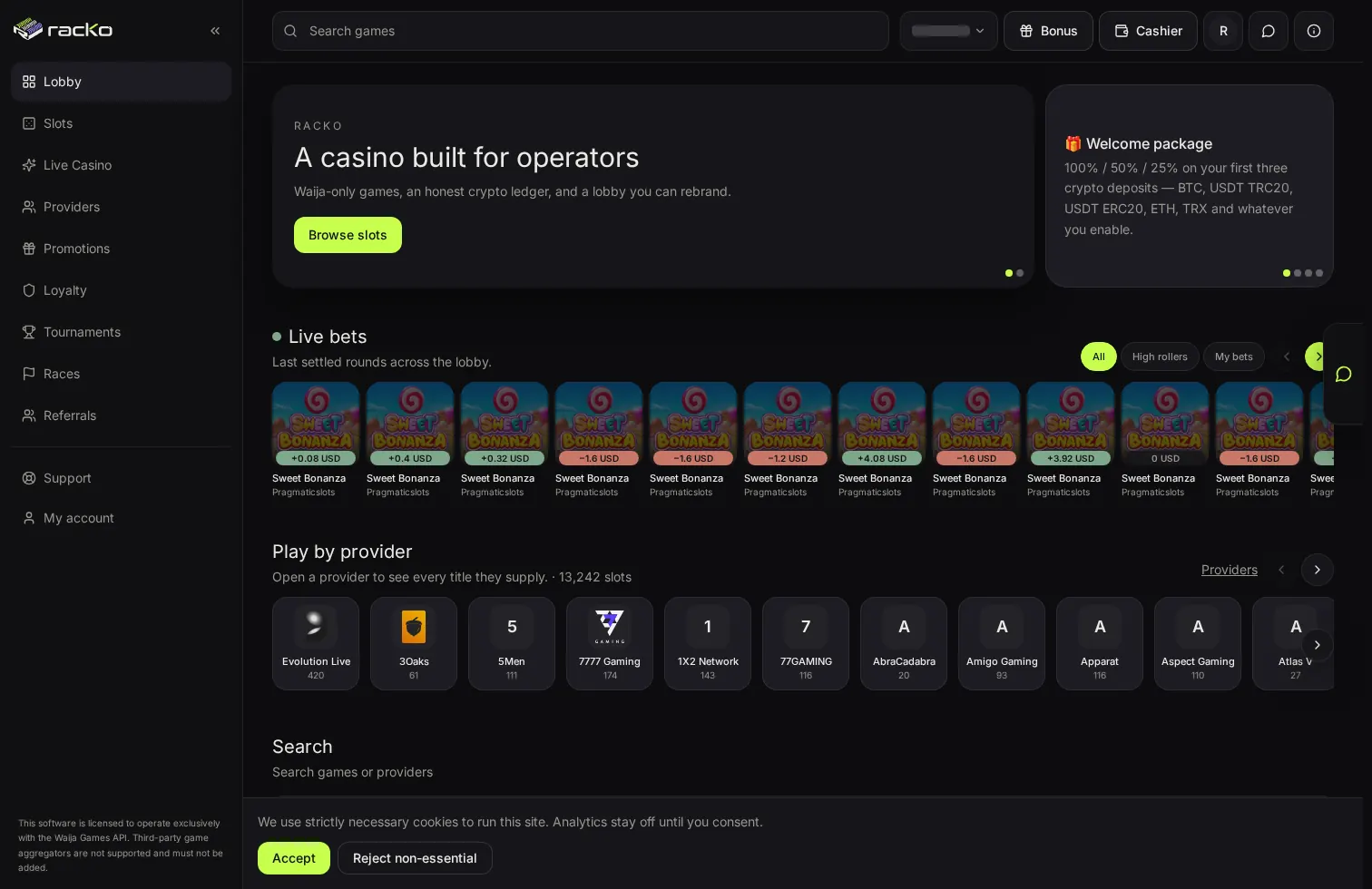 A branded casino running on the Racko stack